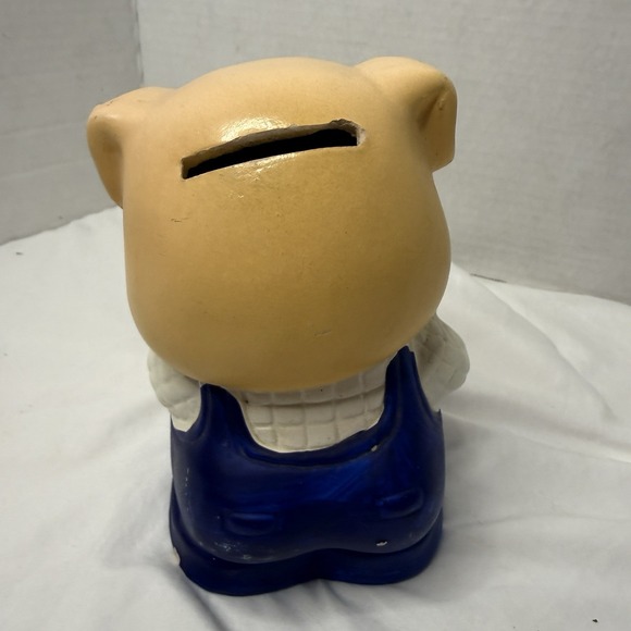 Vintage 1980 Enesco Ceramic Piggy Bank - Pink Pig Blue Overalls - Hand Painted - Picture 2 of 5